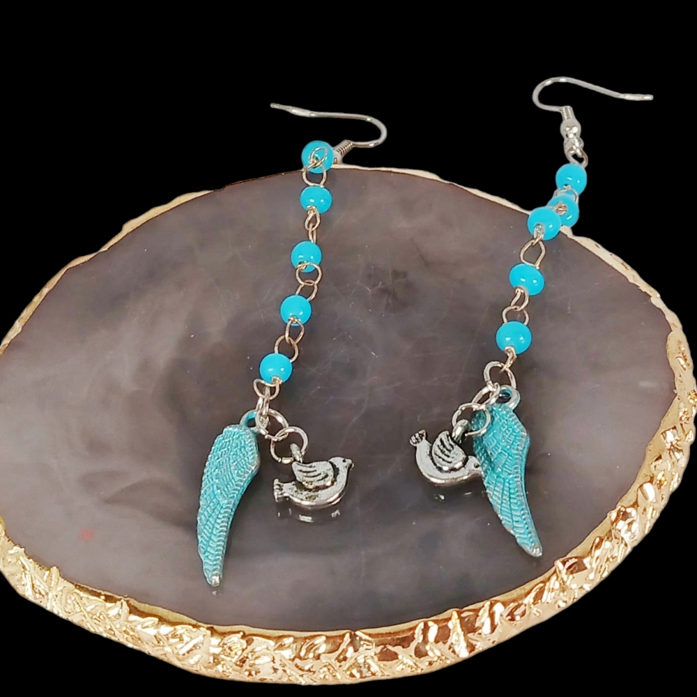 Teal Beaded Dangle Drop Angel Wing Dove Charm Earrings Angelcore Fairycore Y2K